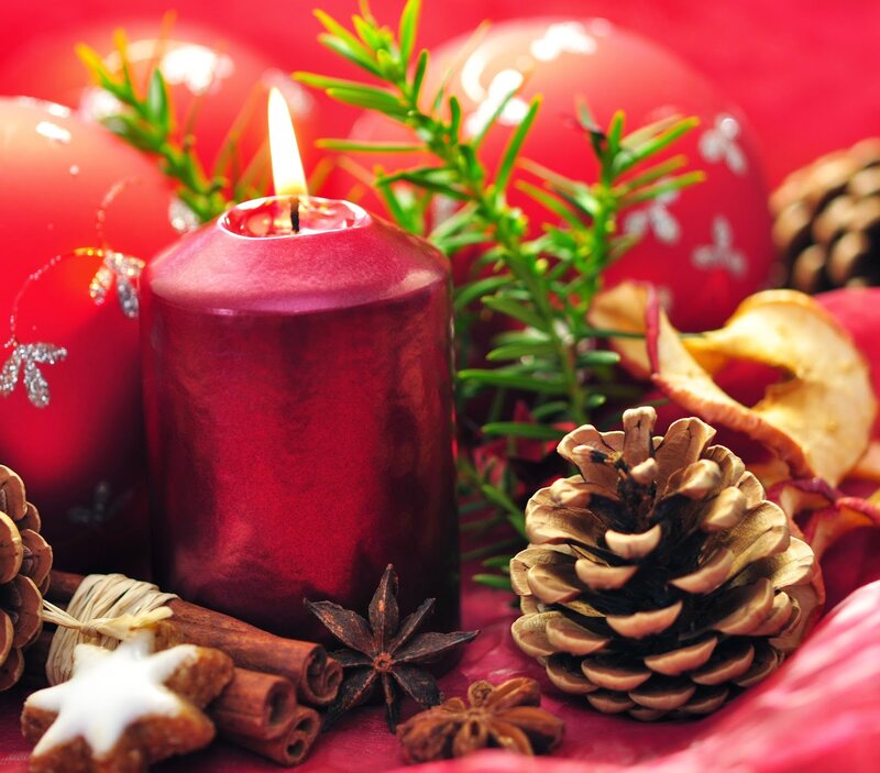 Lit Red Candle with Pinecones — Festive