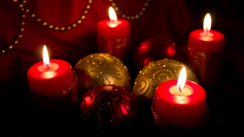 Lit Red Candles and Ornaments
