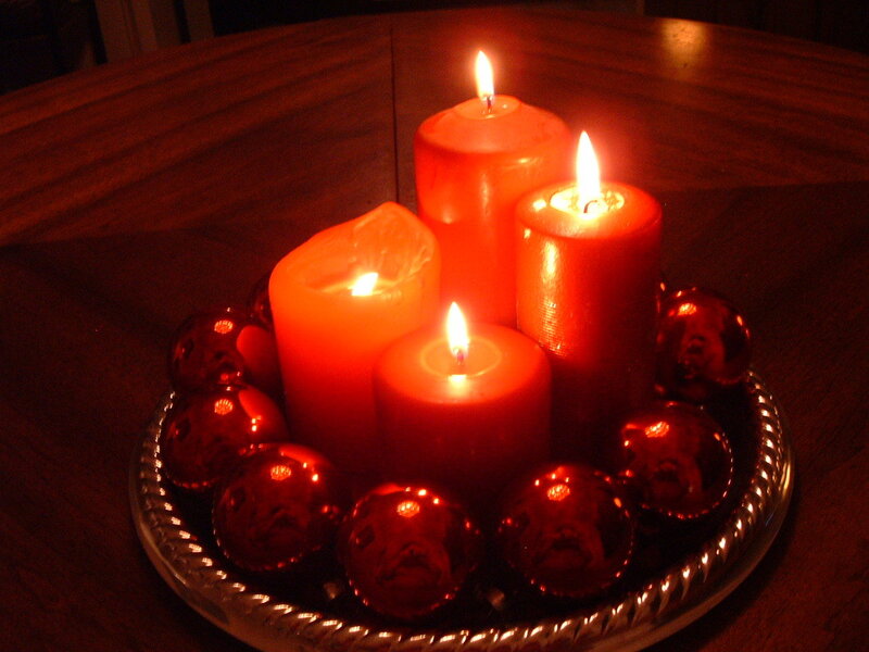 Lit Red Candles on Tray