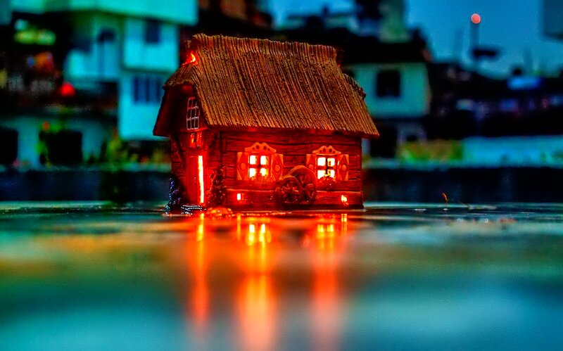 Lit Wooden House Model
