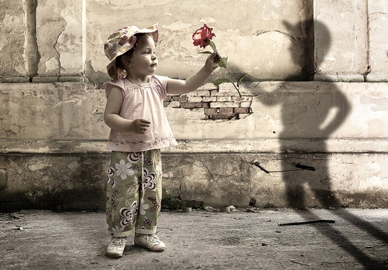 Little Girl Holding Rose — Pink