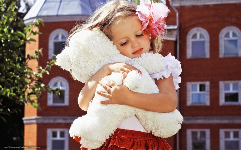 Little Girl Hugging Teddy Bear — White