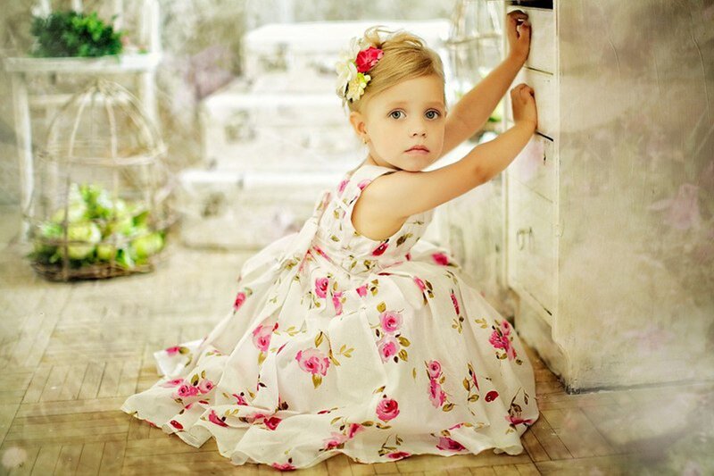 Little Girl in Floral Dress — White, Serene