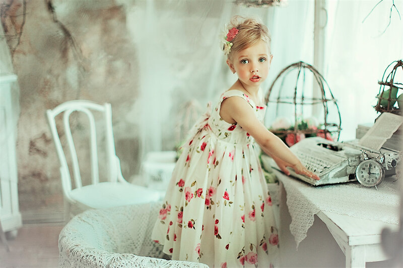 Little Girl in Floral Dress — White