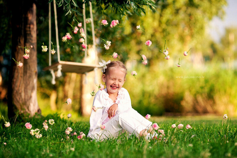 Little Girl in Garden — Green, Playful