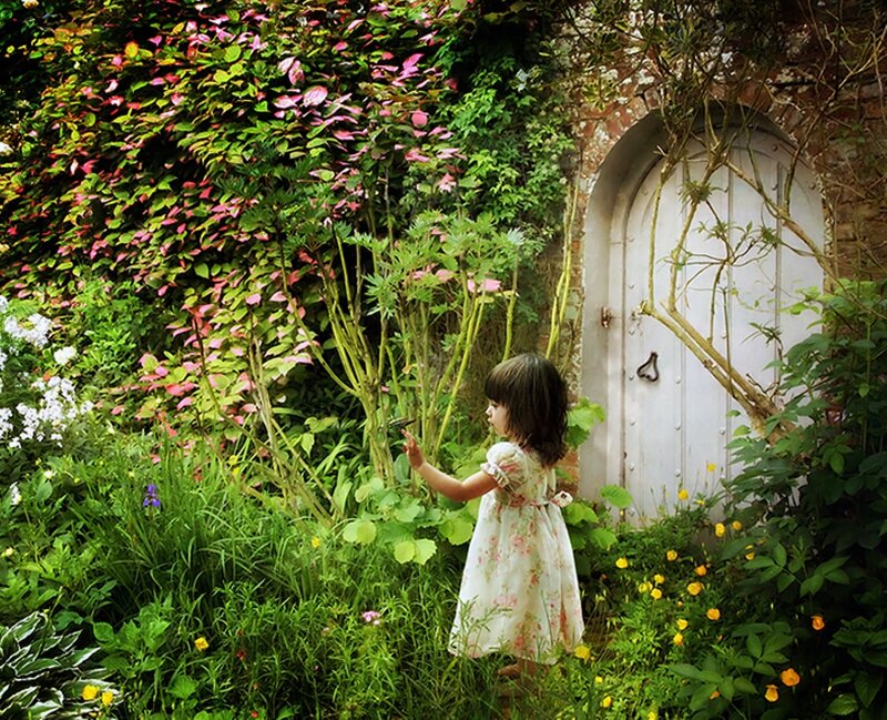 Little Girl in Garden — Green, Serene, Afternoon