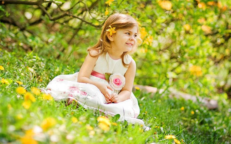 Little Girl in Garden — Green, Serene, Spring, Photograph