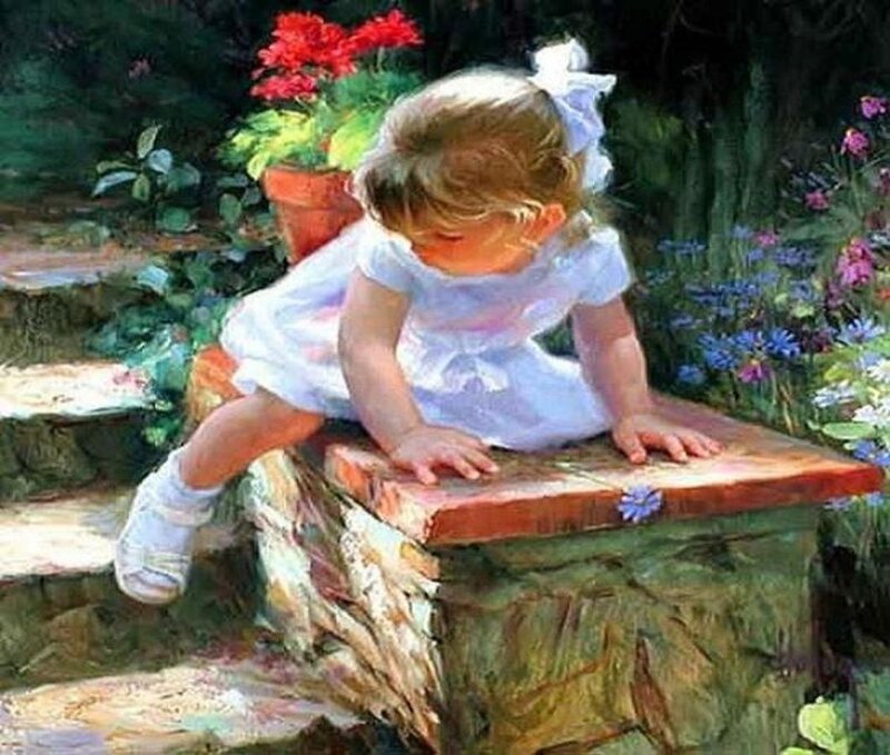 Little Girl in Garden — White, Serene, Afternoon
