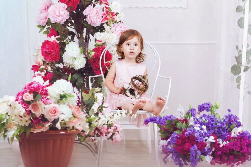 Little Girl in Pink Dress — Serene, Photograph, Flowers