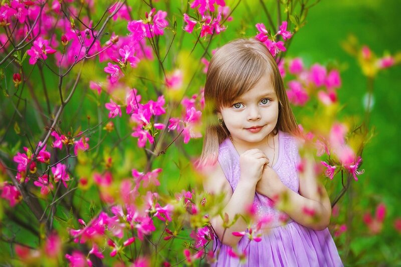 Little Girl in Purple Dress — Serene, Spring, Photograph, Flowers