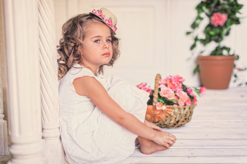 Little Girl in White Dress — Serene, Spring, Photograph, Basket of Flowers