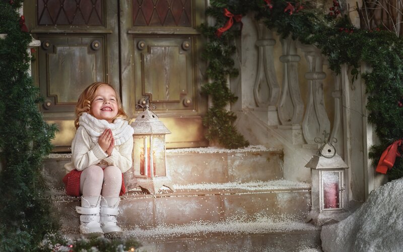 Little Girl on Steps — White
