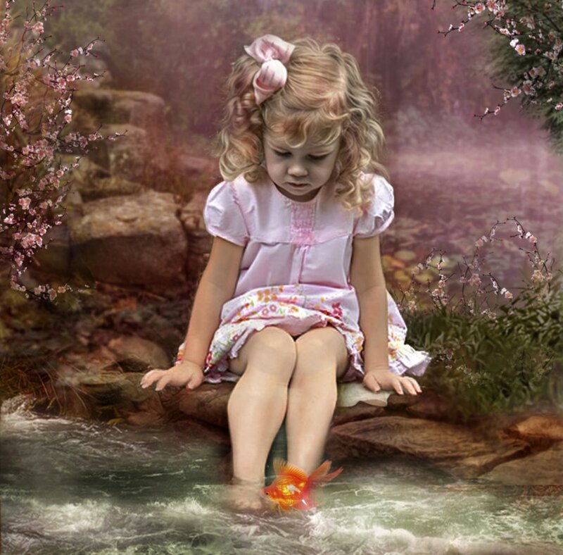 Little Girl Sitting by Stream