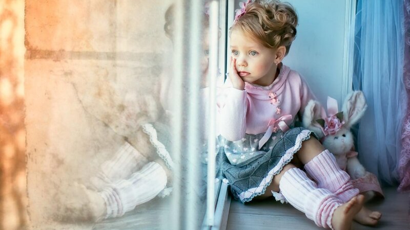 Little Girl Sitting by Window — Pink