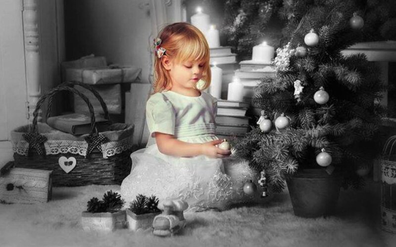 Little Girl with Christmas Tree — White