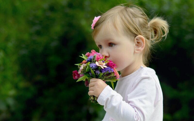 Little Girl with Flowers — Pink, Serene, Afternoon