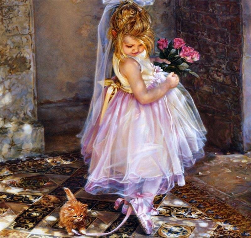 Little girl with kitten and flowers