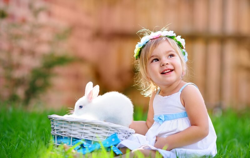 Little Girl with Rabbit — Green, Happy
