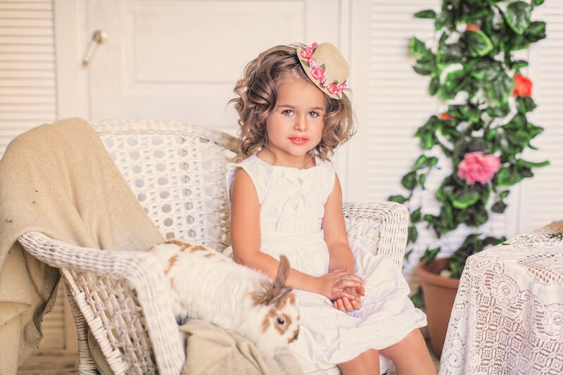 Little Girl with Rabbit — White, Serene