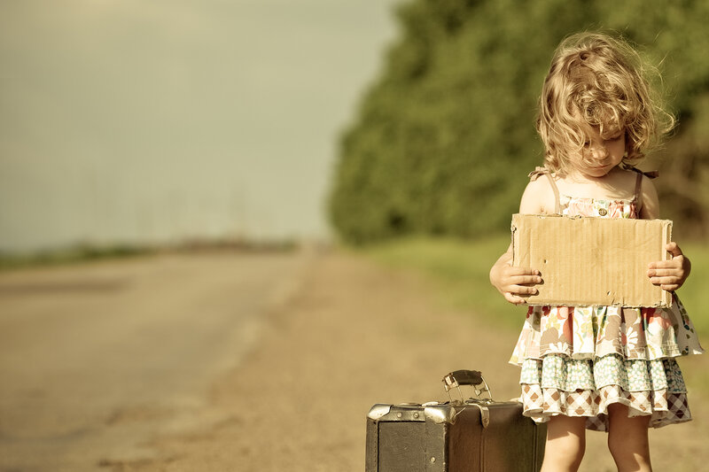 Little Girl with Suitcase — Brown, Melancholic