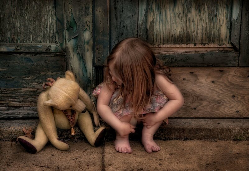 Little Girl with Teddy Bear — Brown, Somber