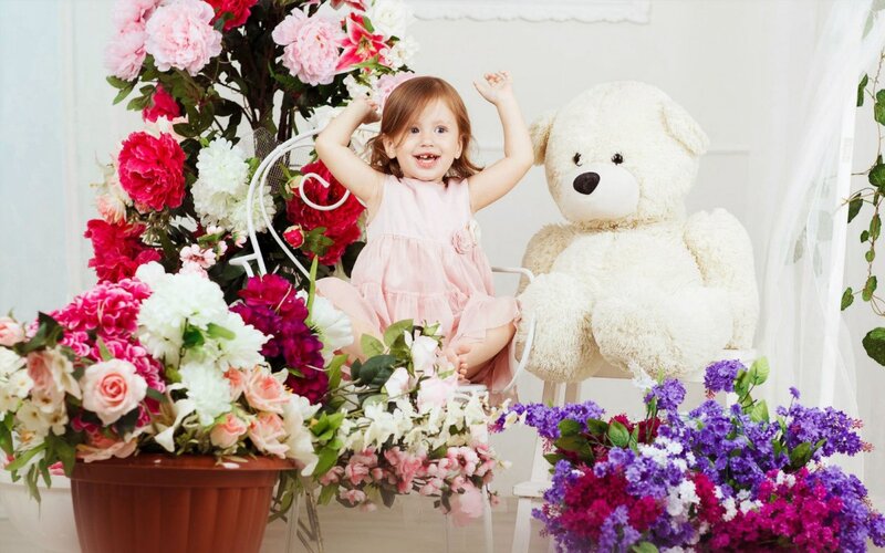Little Girl with Teddy Bear — Pink, Joyful