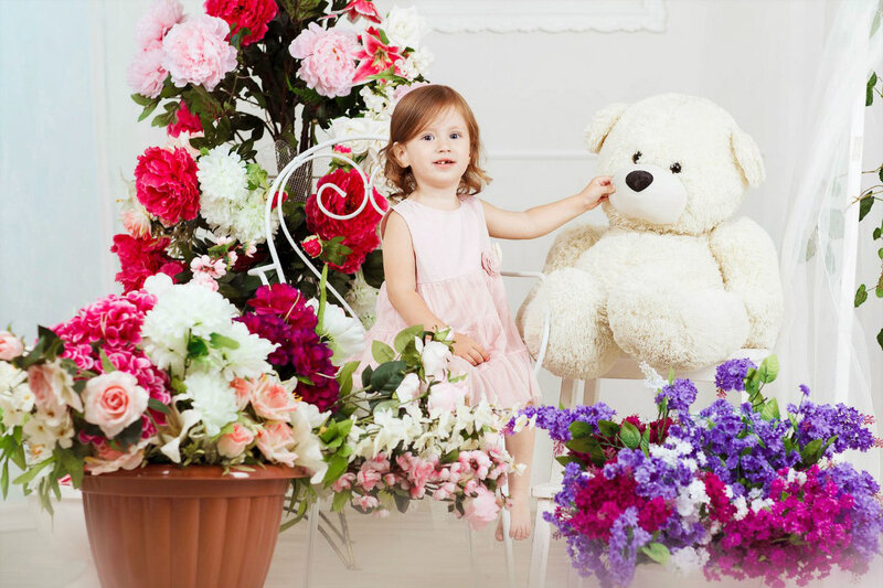 Little Girl with Teddy Bear — Pink, Serene, Photograph