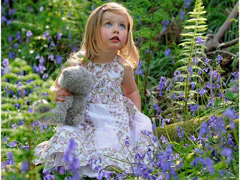 Little Girl with Teddy Bear — Purple