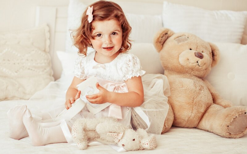 Little Girl with Teddy Bear — White, Calm, Photograph