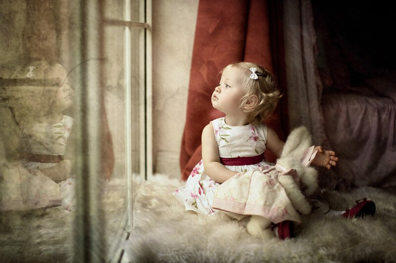 Little Girl with Teddy Bear — White, Serene