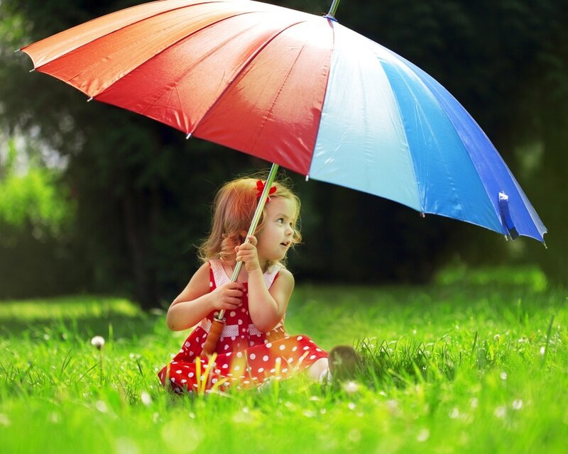 Little Girl with Umbrella — Green, Serene, Afternoon