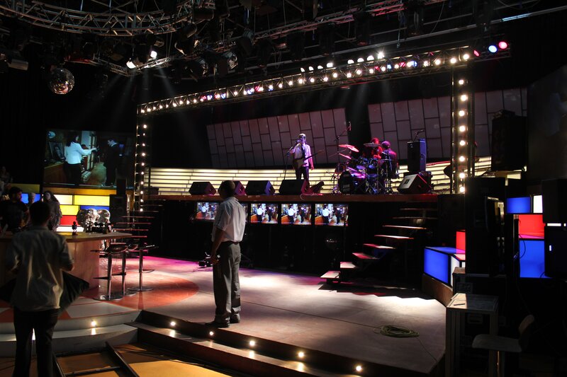 Live band on a TV studio stage