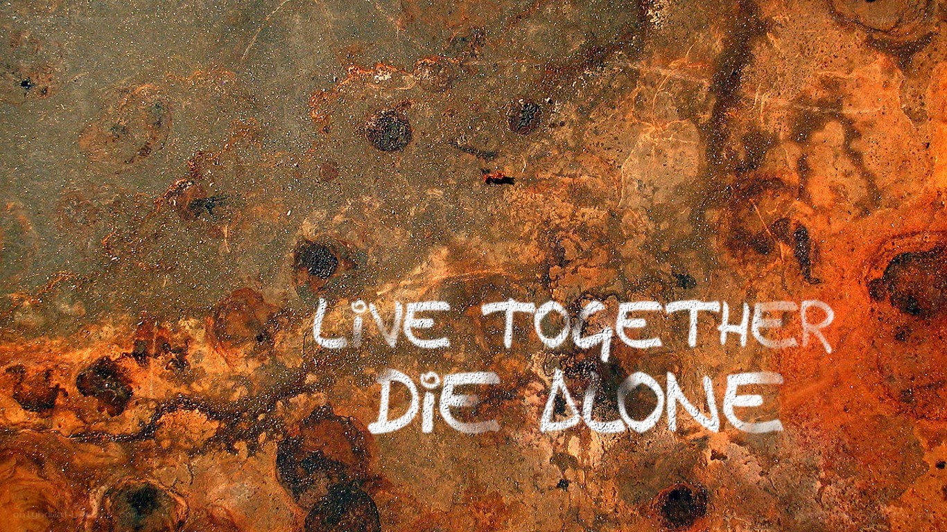 Live Together Die Alone text on rust
