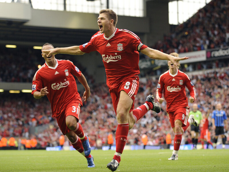 Liverpool players celebrate goal