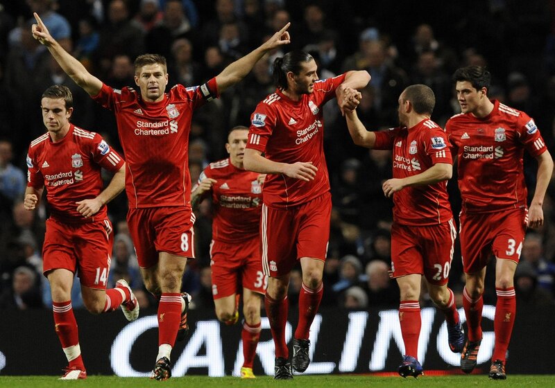 Liverpool players celebrate goal