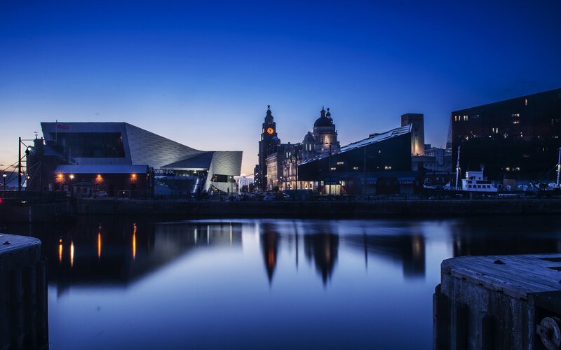 Liverpool Waterfront at Dusk — Blue, Serene, Night