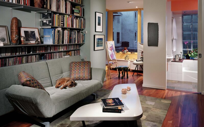 Living room with bookshelf and dog