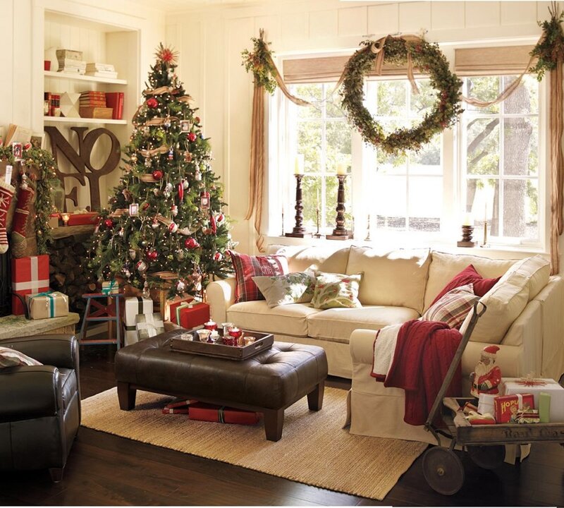 Living Room with Christmas Tree — Beige, Cozy