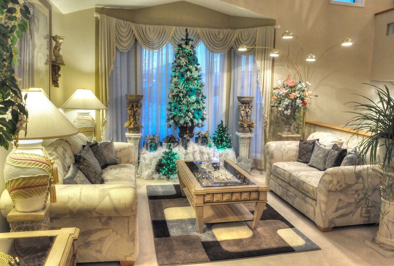 Living Room with Christmas Tree — Beige, Festive, Night