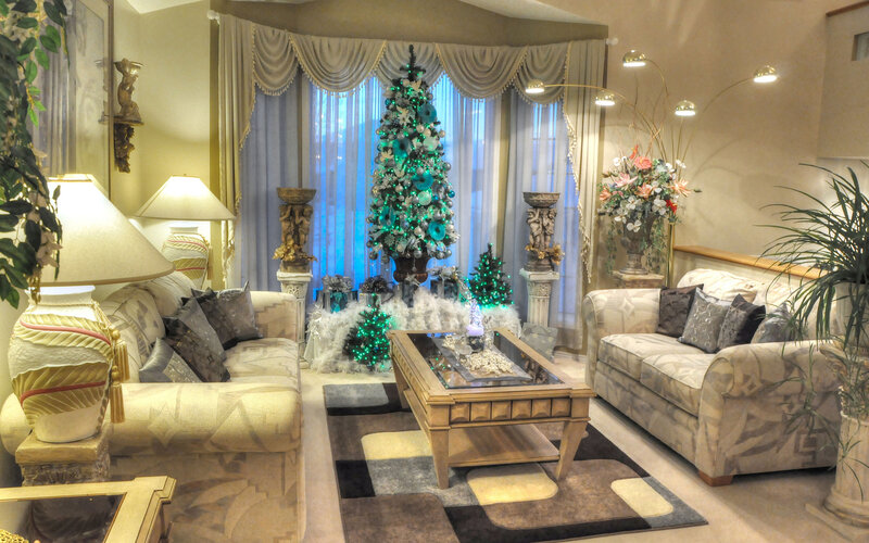 Living Room with Christmas Tree — Beige, Festive
