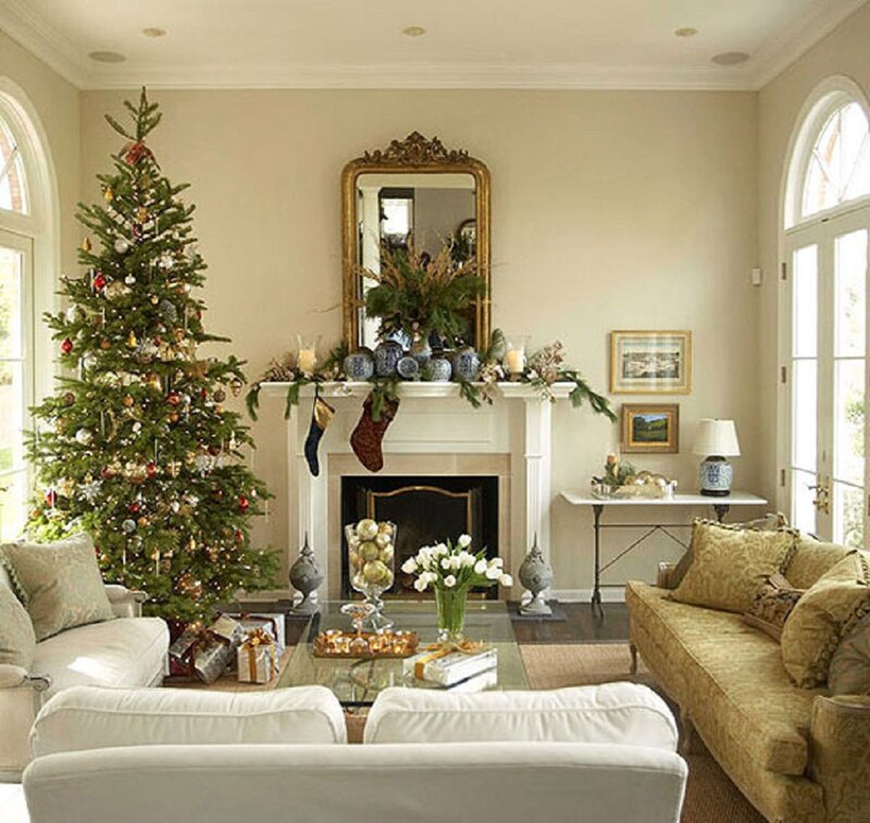 Living Room with Christmas Tree — Beige