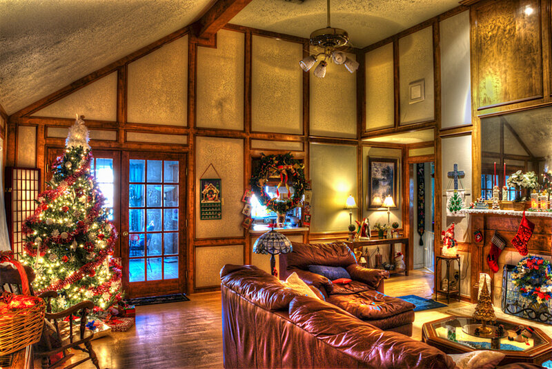 Living Room with Christmas Tree — Brown, Festive
