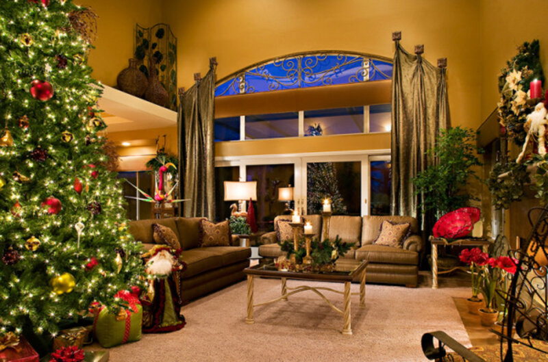 Living Room with Christmas Tree — Green, Festive, Night