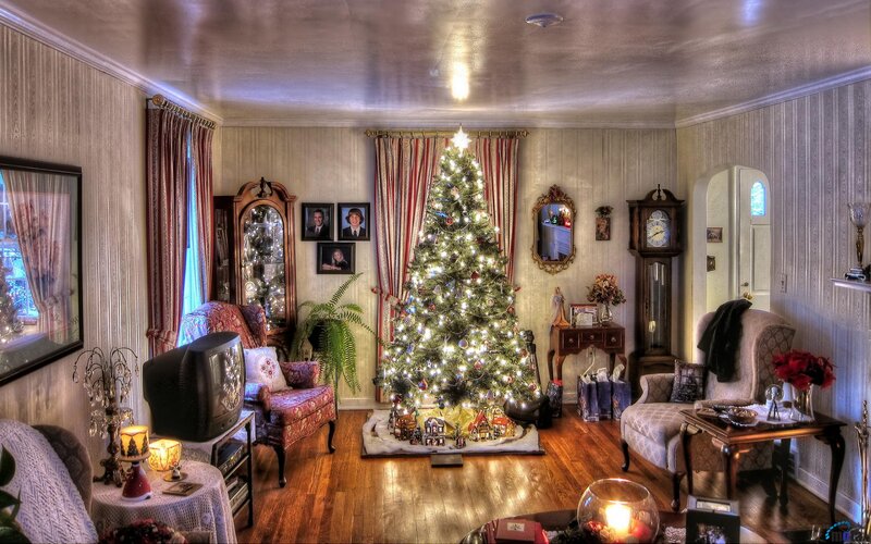 Living Room with Christmas Tree — Green, Festive, Winter