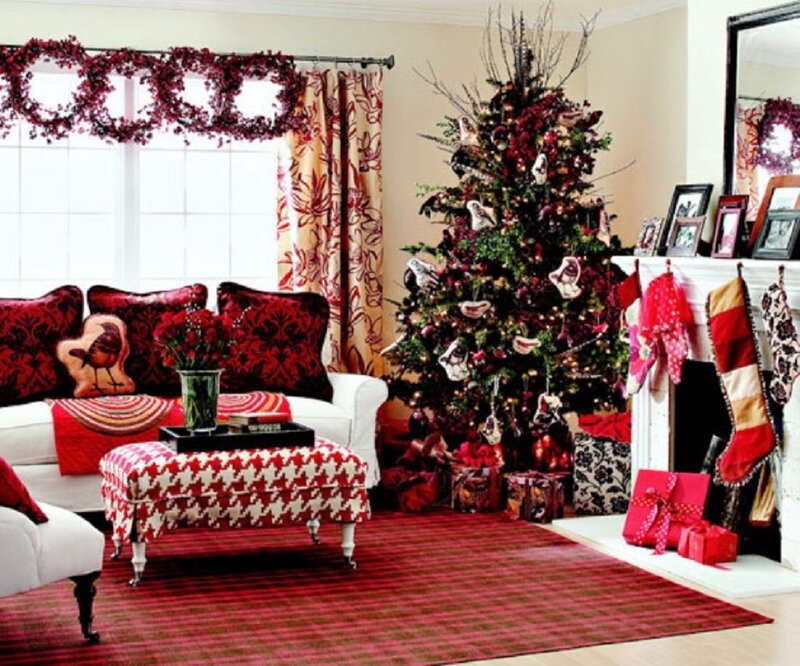 Living Room with Christmas Tree — Red, Festive