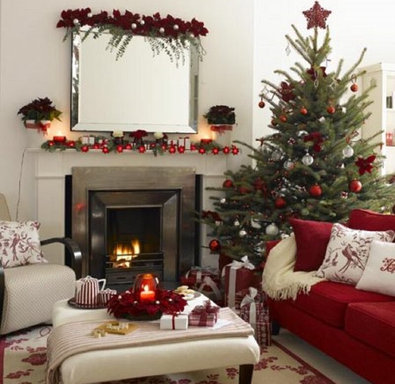 Living Room with Christmas Tree — Red, Festive, Winter
