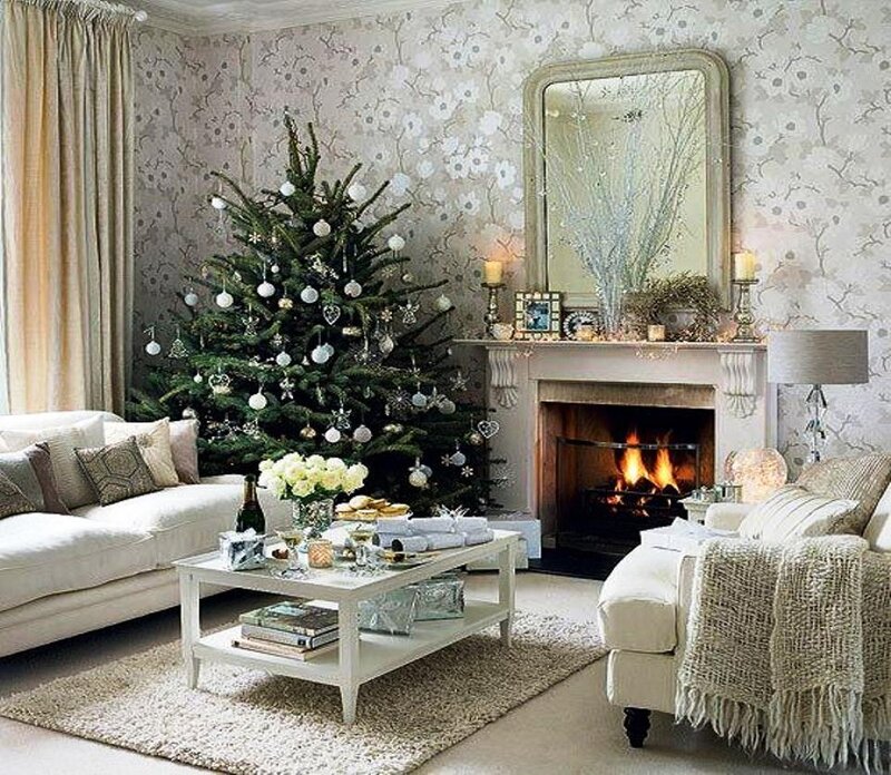 Living Room with Christmas Tree — White, Cozy