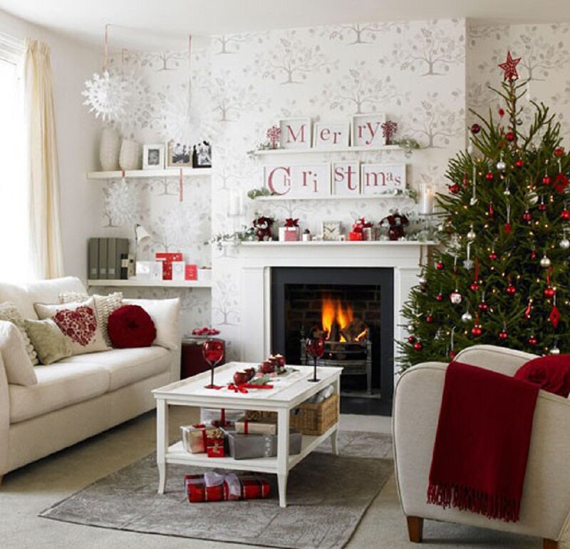Living Room with Christmas Tree — White, Cozy, Winter, Photograph