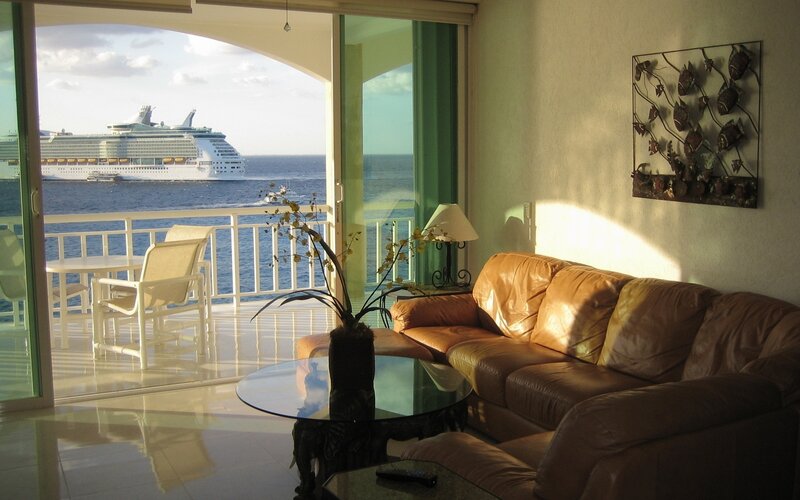Living room with cruise ship view