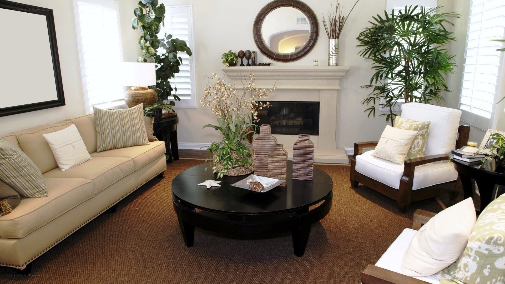 Living room with fireplace and plants